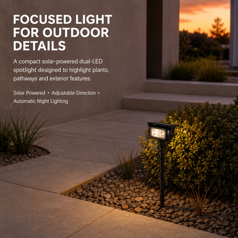 2-Piece Solar LED Outdoor Spotlight Set with Ground Stake & Wall Mount, Black