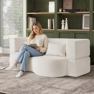 2-in-1 Foldable Sofa Bed, 75 Inch Folding Boneless Couch Convertible Compressed Sleeper Sofabed, Memory Foam Faux Fur Upholstered Cloud Couch Mattress Bed w/ 2 Pillows for Living Room Apartment