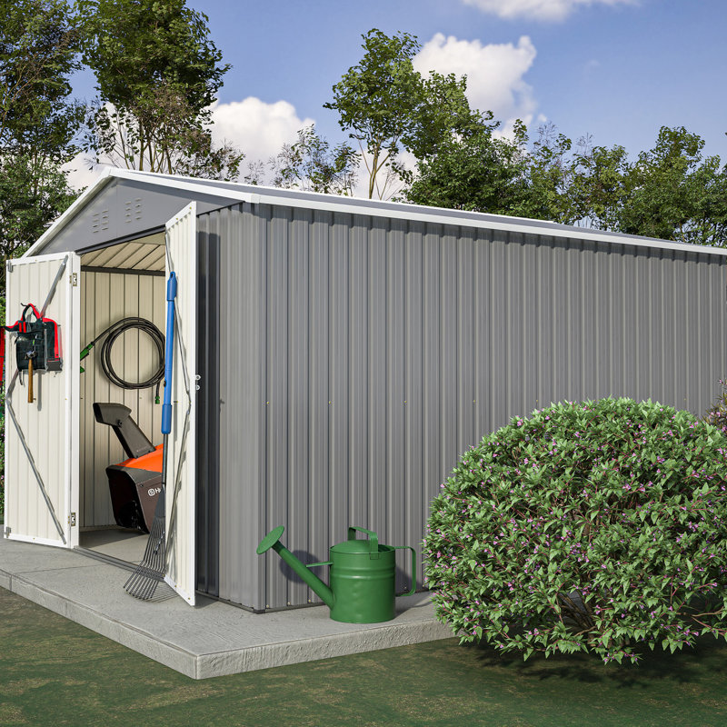 10x10 Ft Outdoor Shed, Metal With Advanced Corrosion Resistance, Lockable Doors, Ventilation - Grey For Garden Galvanized Steel, Durability Patio