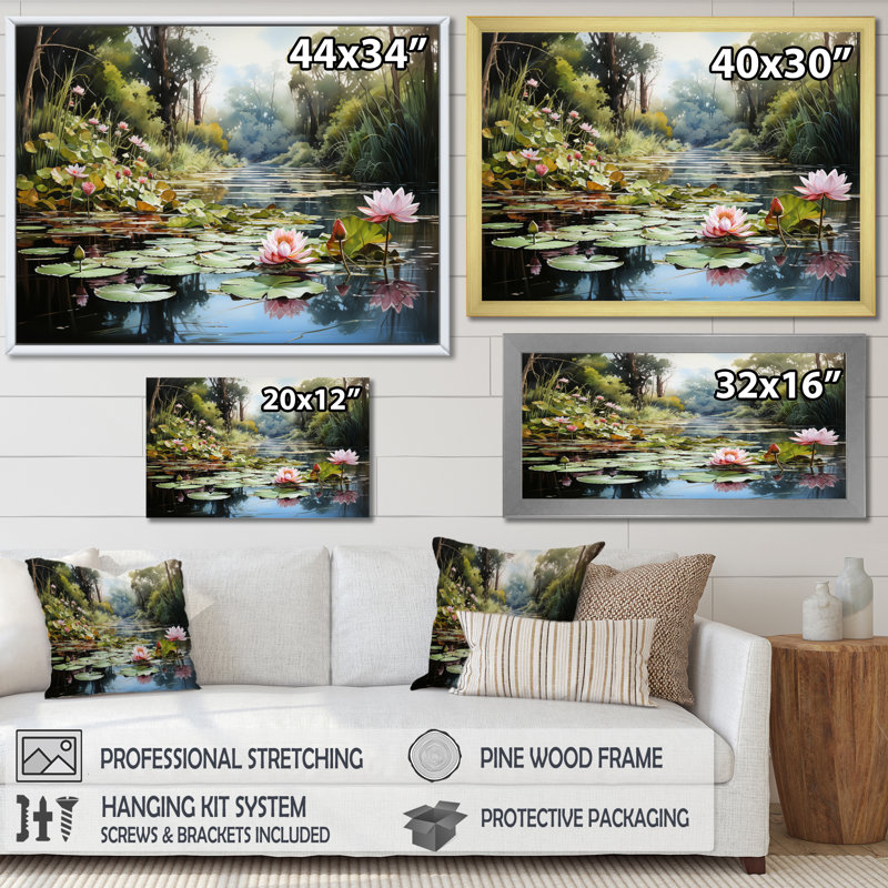 Mandia China Art Jade Lotus I - impression, Encadrement doré, H 30 po x l 40 po x P 1,5 po
