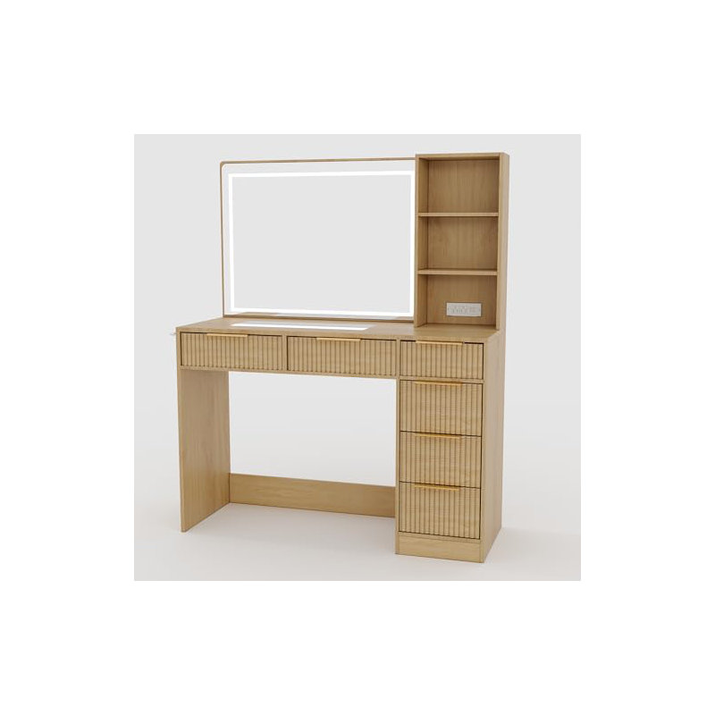 52" Fluted Makeup Vanity Desk with 43" Large Mirror and Lights, Modern Glass Top Vanity Table with 6 Storage Drawers, Natural