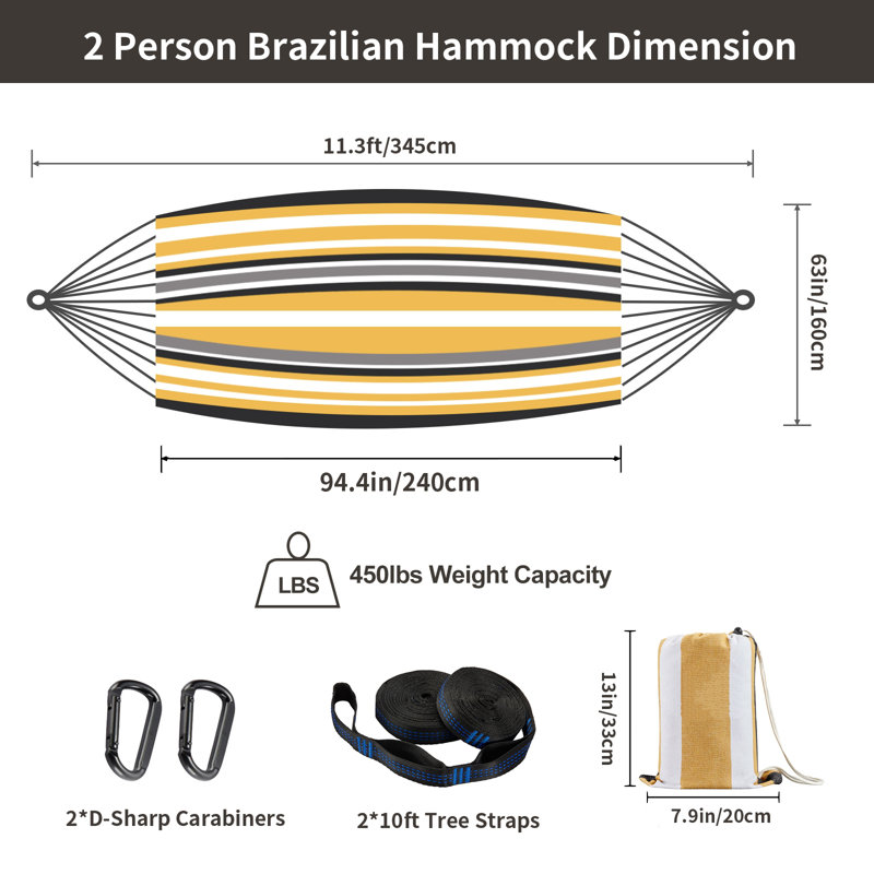 Double hamac avec sangles d'arbre, hamac pour 2 personnes pour patio extérieur et intérieur, capacité de poids de 450 lb
