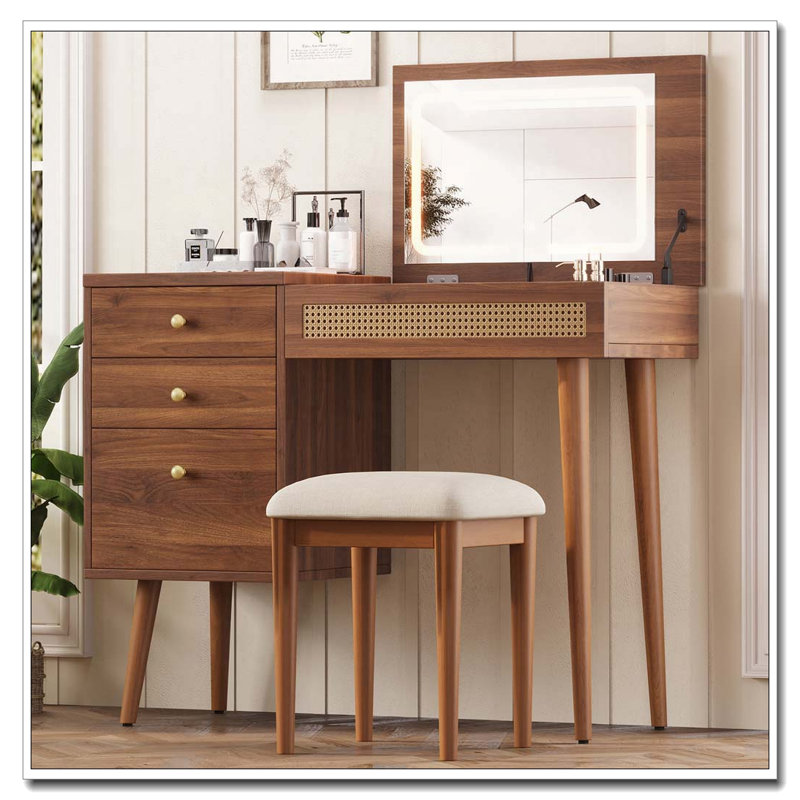 Meuble-lavabo de 39 po de style bohème rétro, bureau Vantiy avec miroir et lumières DEL, coiffeuse avec plateau rabattable, coiffeuse avec rangement à 3 tiroirs, 10 compartiments, ensemble de coiffeuse pour la maison