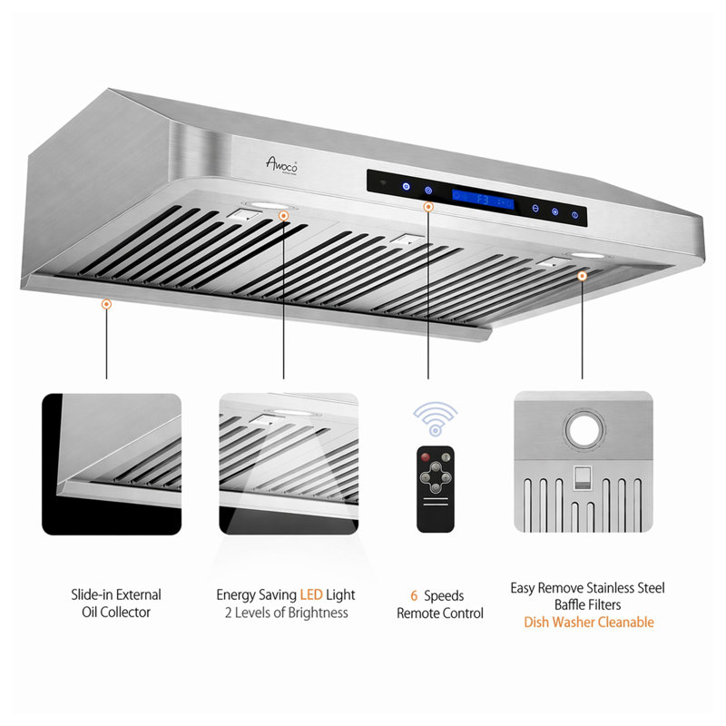 Awoco 30" Stainless Steel 1000 CFM Ducted (Vented) Under Cabinet Range Hood with Baffle Filter