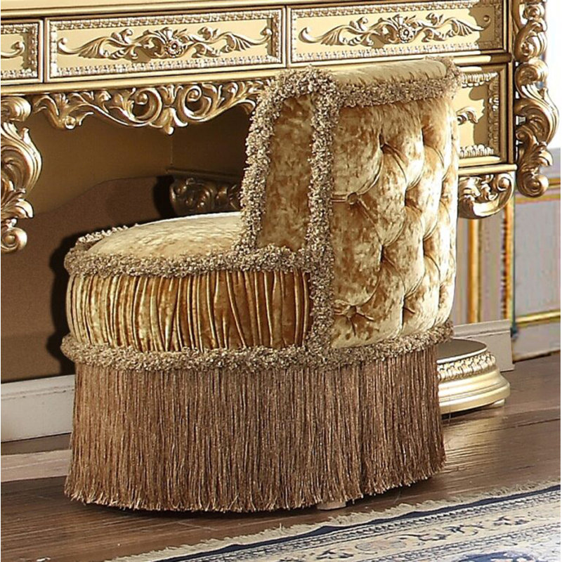 Metallic Gold Hand Carved Vanity Stool with Tufted Back