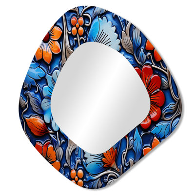 Floral Boho Blue And Orange Tile Mosaic V - Boho Mosaic Metal Decor - Bohemian Irregular Wall Mirror