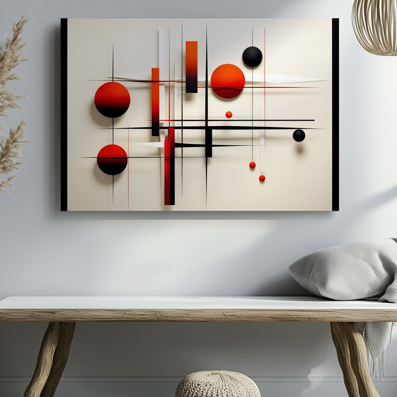 La toile crée une composition abstraite mettant en vedette un arrangement dynamique de formes d'art géométriques murales incluant de grands cercles dans une toile vibrante