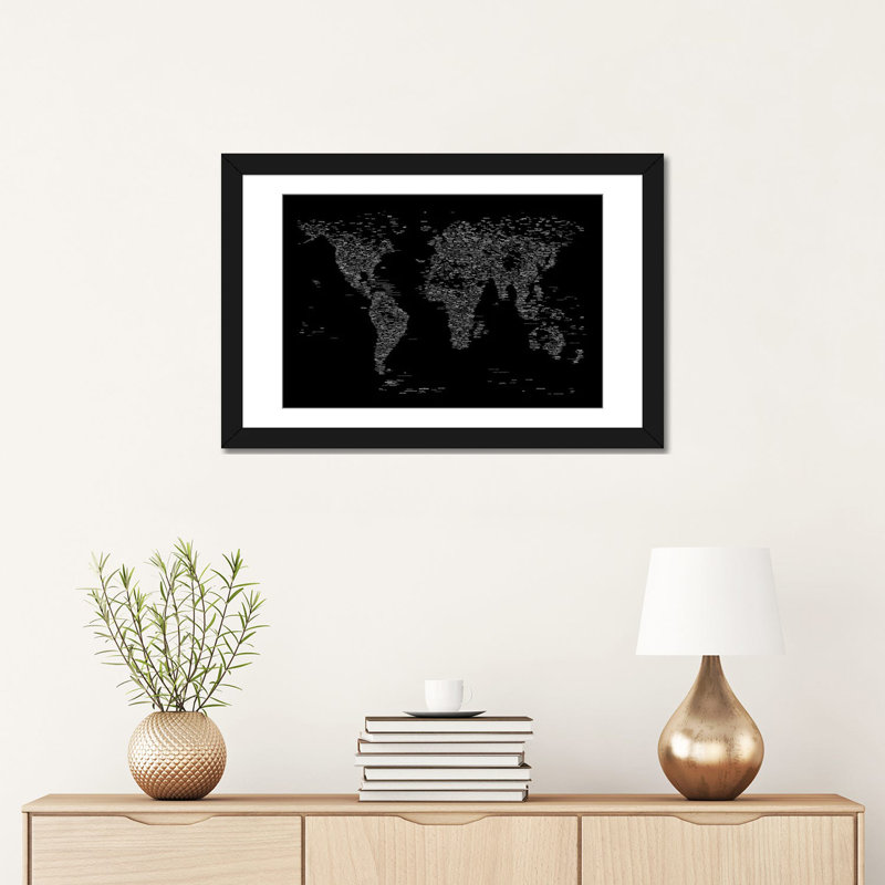 «Font World Map» par Michael Tompsett, impression sur toile tendue, Papier d'art encadré noir, Blanc