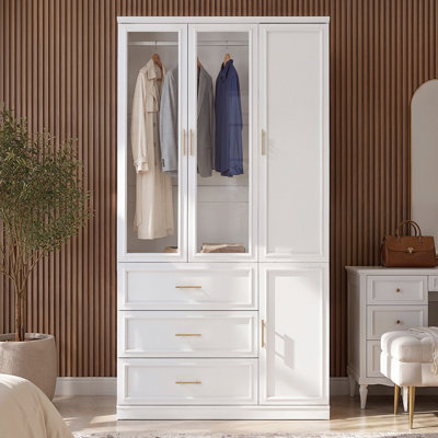 Armoire en bois massif à 3 portes de 220 cm de hauteur, avec portes vitrées, 3 tiroirs et tringle à vêtements.