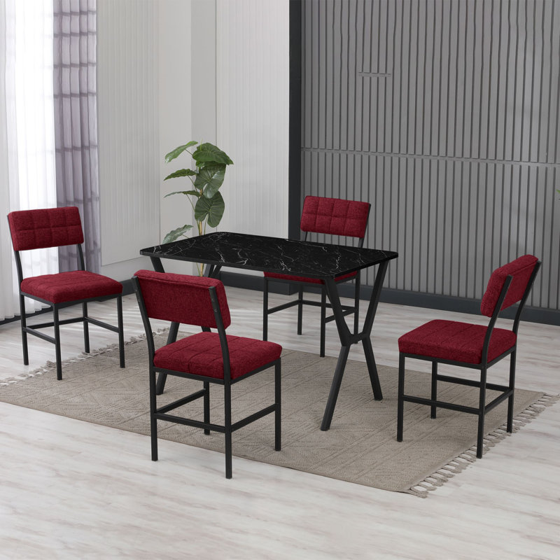 Ensemble de table et chaises de salle à manger extensible Modern (5 pièces), bourgogne et noir | Table 43,3 x 29,1 x 27,6 po, chaises 15,7 x 32,3 x 15,7 po | Panneau de particules 100% mélaminé, structure en métal, 100% lin | Conception élégante et durable pour les salles à manger
