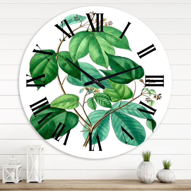 Vintage Green Leaves Plants III - horloge murale traditionnelle, Grand
