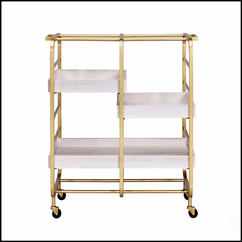 Gold and Washed Serving Cart with 3 Adjustable Trays, Perfect for Entertaining and Dining