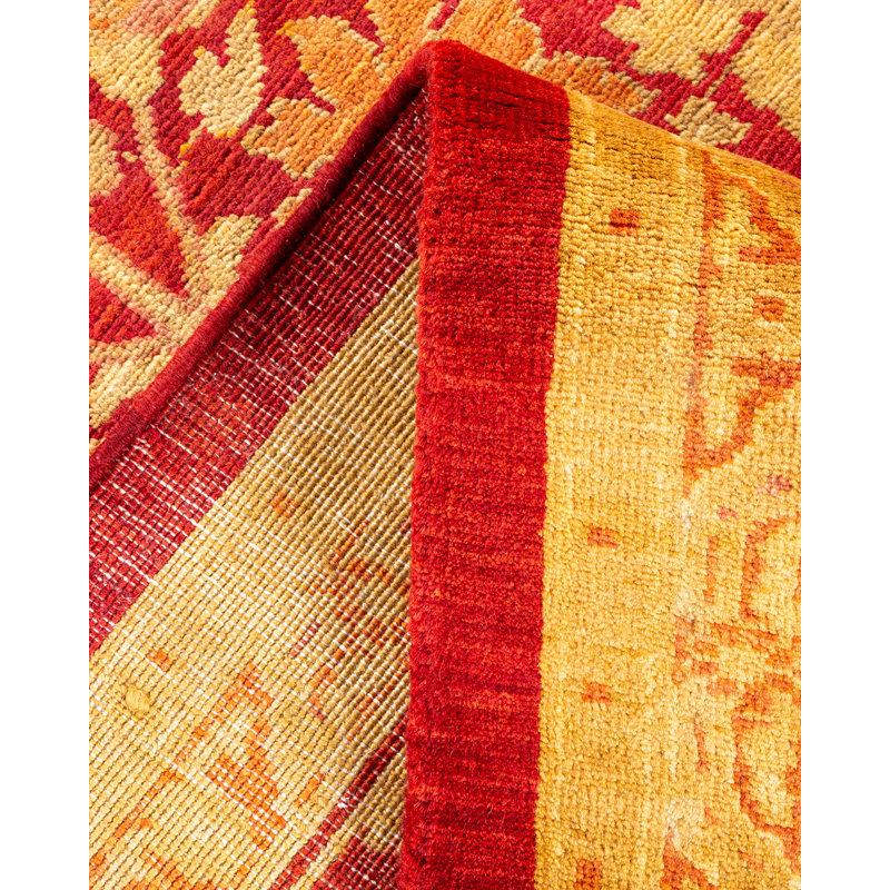 Tapis rouge / jaune noué à la main de conception unique Sofiah 8 pi 3 po x 10 pi 1 po