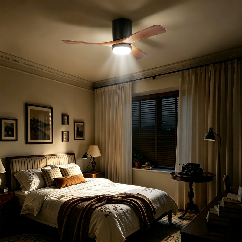 Nicola 42" Minimalist 3-Solid Wood Blade Flush Mount Ceiling Fan With Light  Remote Control And Timing Function, Black