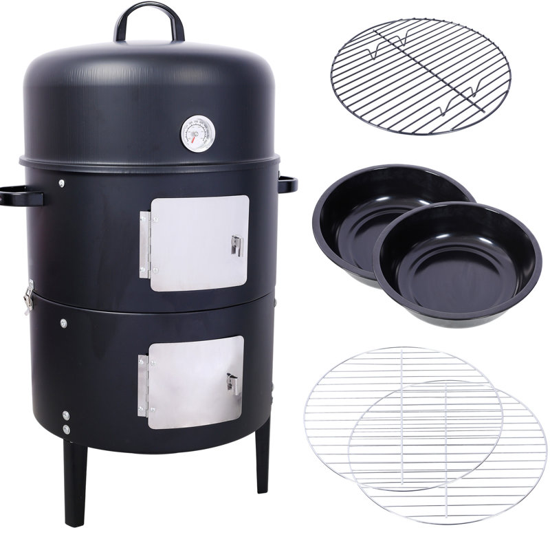 17 Inch Charcoal Smoking Appliance With Large Cooking Area And Stable Latch Locking System In Steel Black Outdoor Cooker Spacious Interior Heat- Handles