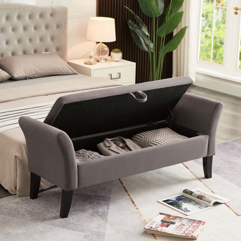 Banc de rangement rembourré en velours, gris