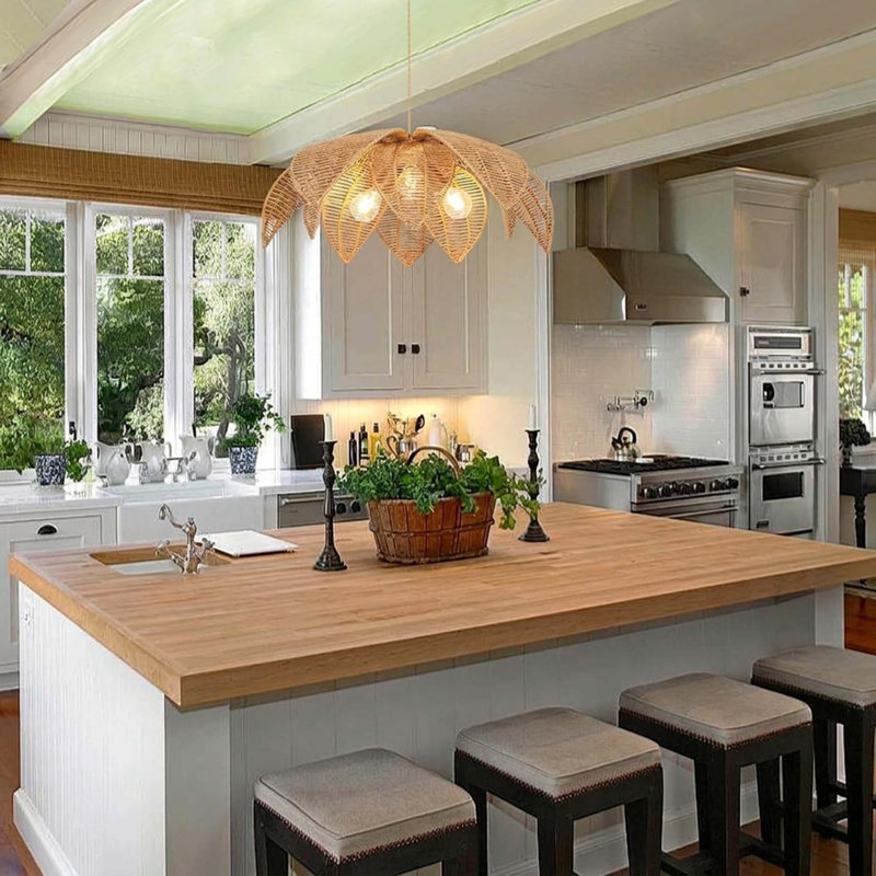 Rattan Pendant Light Handwoven Wicker 3-Light Boho Chandelier for Dining Room Kitchen Island Living Room