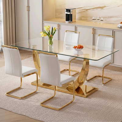 Modern 63" Rectangular Glass Dining Set with Metal Base