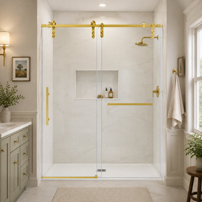 44-48" W x 76" H Frameless Sliding Shower Door, 5/16" Tempered Glass, Brushed Gold