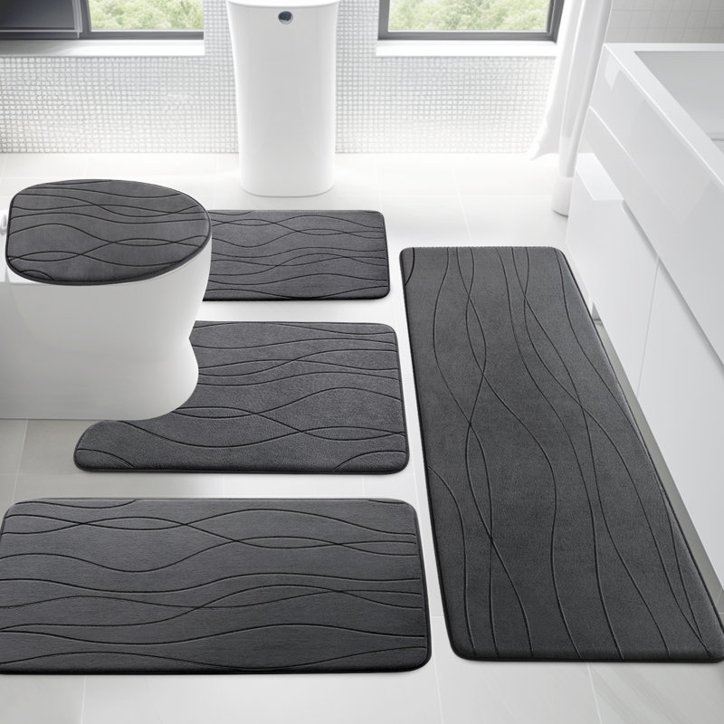 5 Piece Plush Memory Foam Bath Rug Set with Non-Slip Backing and High Absorbency, Dark Gray