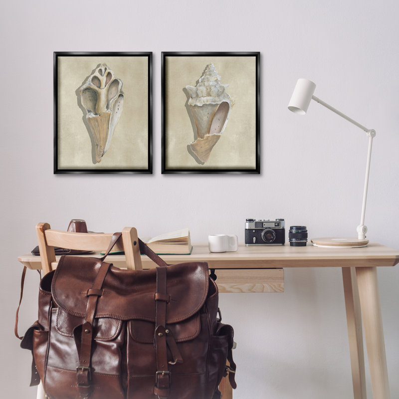 Ensemble de 2 toiles flottantes Broken Beach Shells, design par Michael Willett, Cadre flottant noir de jais