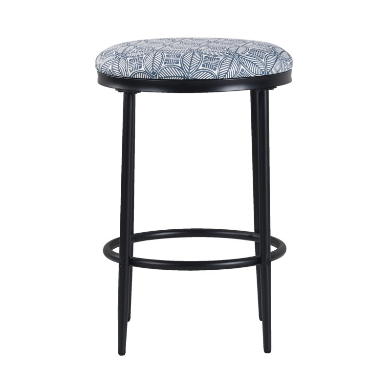 Ebern Designs Upholstered Metal Barstool, Blue Indigo Print