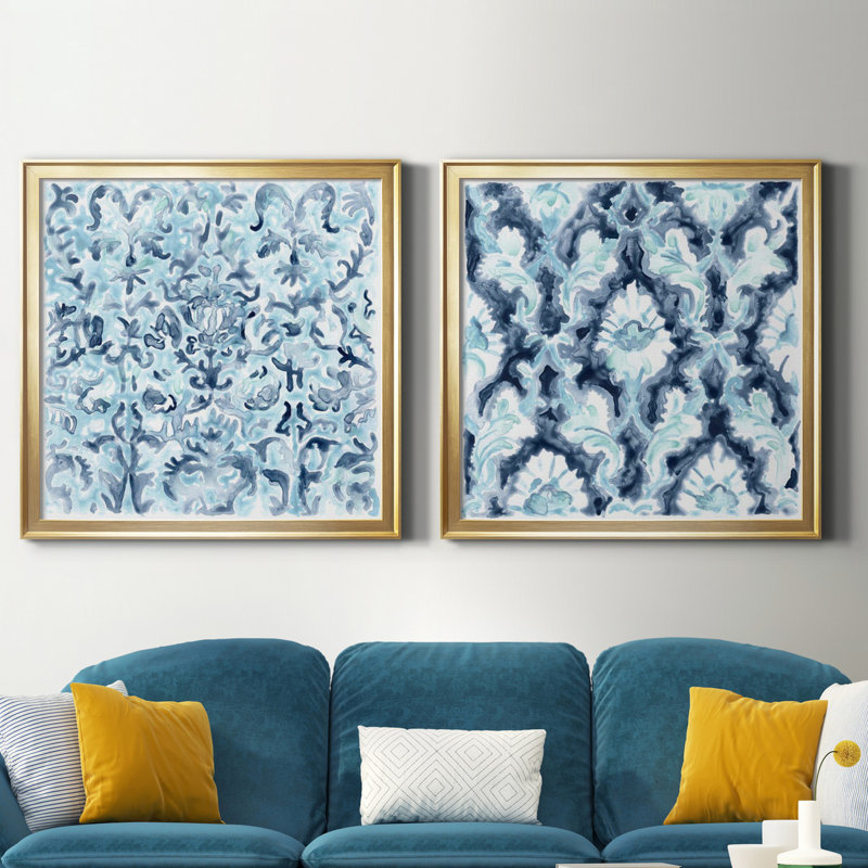 Carreau de mosaïque bleu azur III - Ensemble de cadres photo 2 pièces, H 30,5 po x l 61 po x P 1,5 po, Toile avec cadre doré
