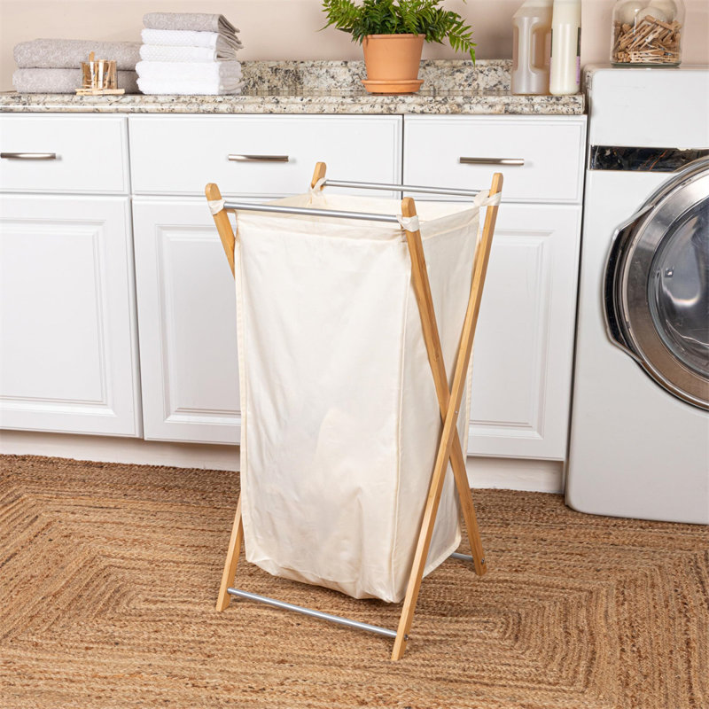 X-Frame Bamboo Hamper, Washable Liner and Bamboo Frame, and Renewable, Folds for Storage, Simple and Chic, White