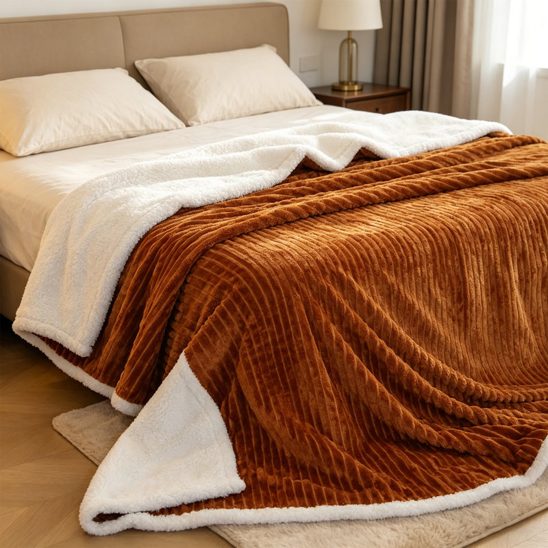 Striped Flannel & Sherpa Large Size Throw Blanket, Soft & Cozy Warm Blanket for Bed, 220 X 240CM, Brown