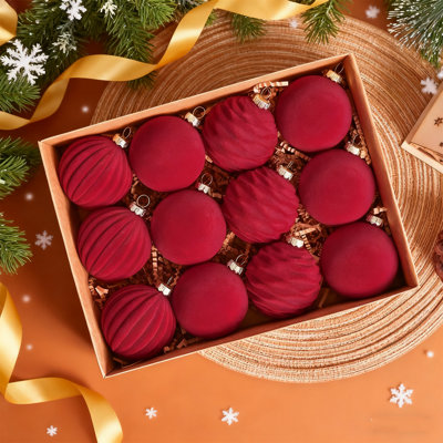 12 Pcs 3.15 Inch Velvet Christmas Tree Ornaments，Flocked Christmas Balls Plastic Shatterproof Xmas Hanging Ornaments Decorations Set For Tree Garland Wreath, Red