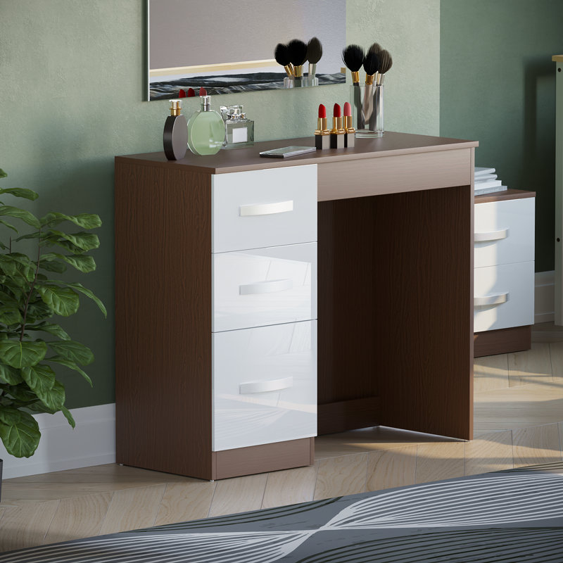 Arkadij 3 Drawer High Gloss Dressing Table, Bedroom Vanity Desk, White/Walnut