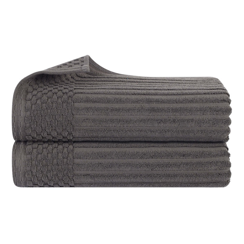 Ruvins Cotton Highly Absorbent Solid and Checkered Border Bath Sheet Set, Dark Grey