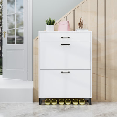 Entryway Shoe Storage Cabinet with 2 Flip Drawers, Hidden Rack for Doorway/Hallway/Closet, White