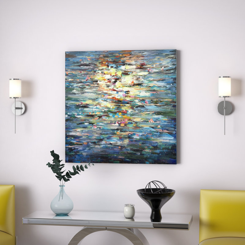 Modern Abstract Water Reflection Canvas Wall Art, Blue Textured Painting, 40" H x 40" W
