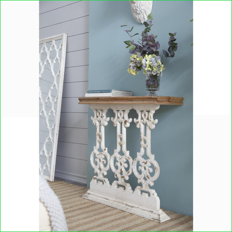Table basse rétro blanc délavé avec volutes complexes, bois de sapin peu encombrant et panneau de fibres à densité moyenne pour le salon