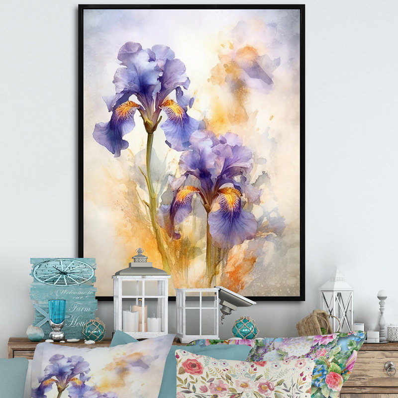 Impression mauve et jaune mauve d'iris sur toile, Cadre flottant noir, H 32 po x l 16 po x P 1,5 po