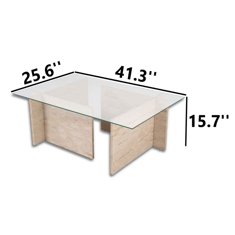 Rectangle Tempered Glass Coffee Table, 15.7" H x 41.3" L x 25.6" W, Travertine