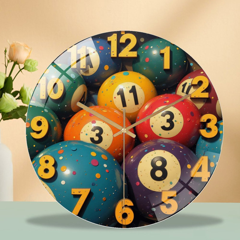 Ensemble de boules de billard colorées pour les jeux et l'art amusant - Horloge murale moderne en verre 12 po