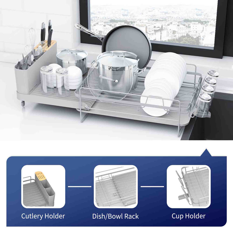 Gray Extendable Metal Dish Drying Rack with Utensil Cup