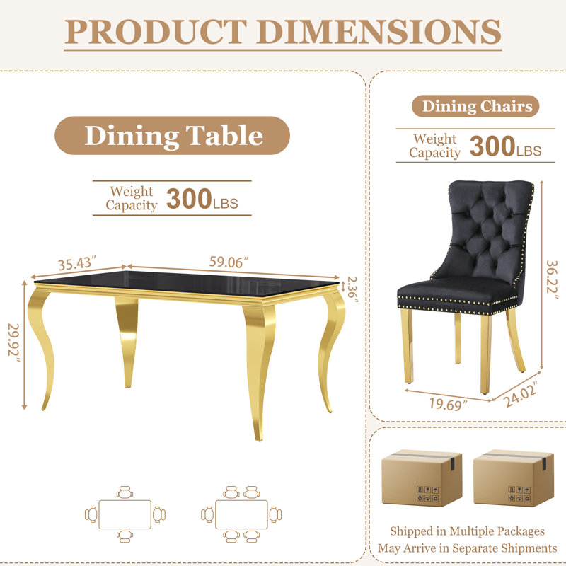 Modern 7-Piece Dining Set, Black Opaque Tempered Glass Dining Table With Mirror Stainless Steel Curved Legs & Velvet Dining Chairs With Tufted Backrest And Nailhead Decoration