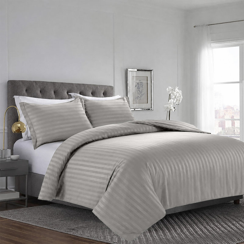 Imperial Homeware London Microfiber Striped Duvet Cover Set with Pillowcases Included, Silver Striped