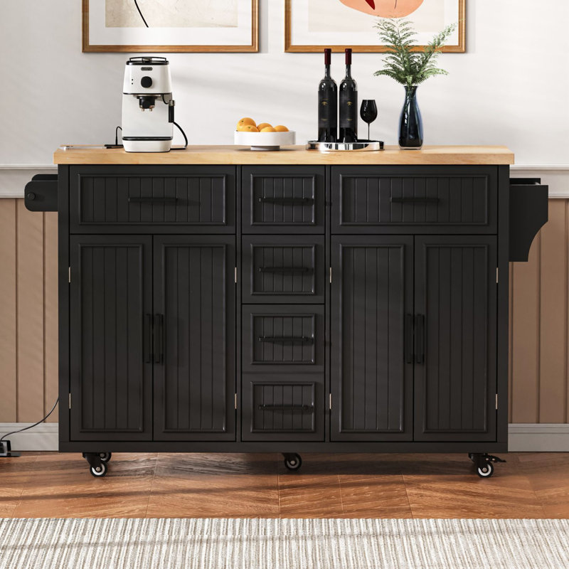 56.5'' Kitchen Island with Drop Leaf, Power Outlet, Embossed Vertical Stripe Rolling Kitchen Cart on Wheels with 4 Doors , 5 Deep Drawers and Adjustable Shelves, for Kitchen, Dining Room, Black