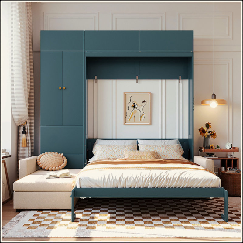 Lit escamotable mural Murphy avec canapé et tablettes, panneau vert, Vert