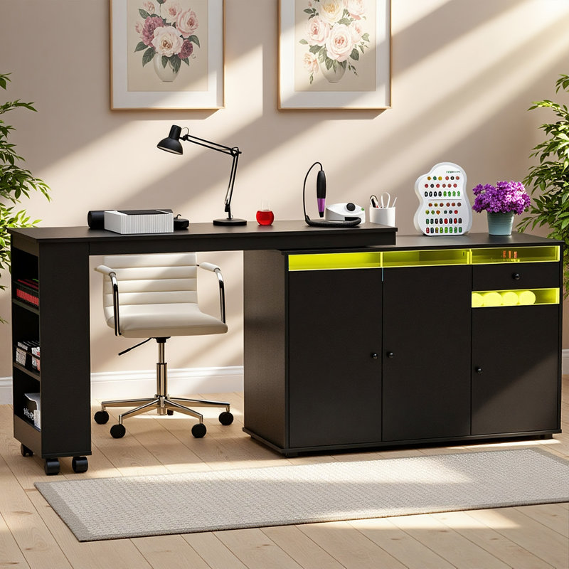 Table de manucure en L avec collecteur de poussière, bureau Nail Tech avec armoire de rangement, tiroir, poste de travail rotatif et convertible avec lumière DEL