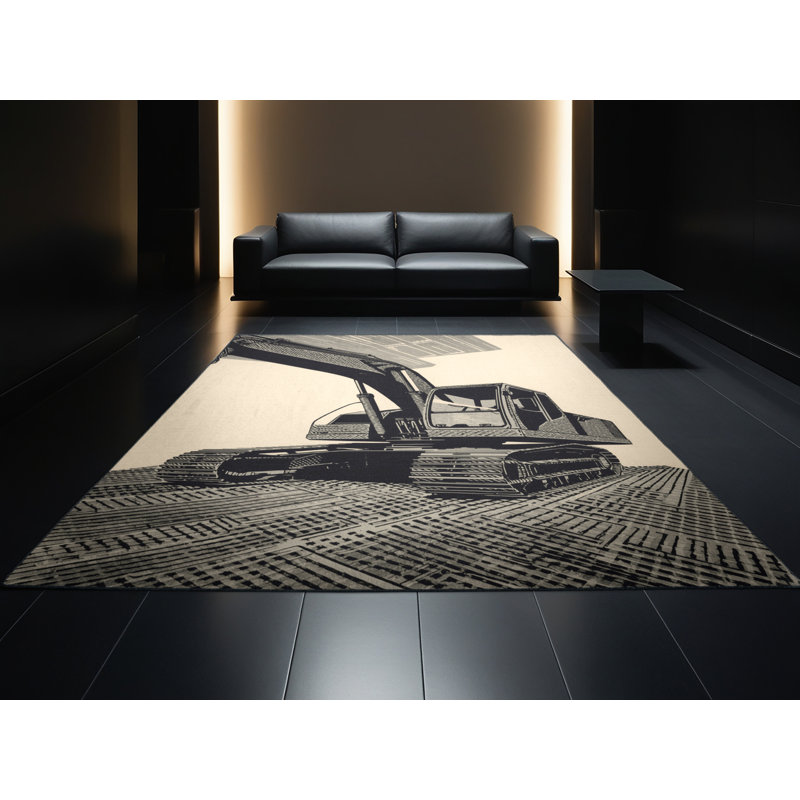 Machine Washable Kendari Excavator Construction Vehicle Industrial Block Print Rug in Beige – Black Binding, 8x10