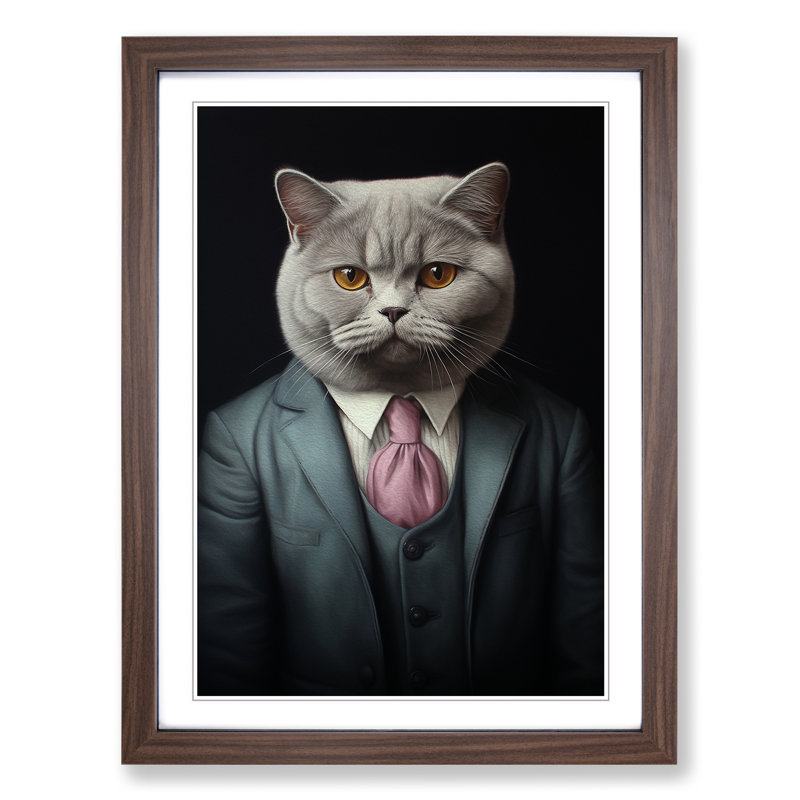 British Shorthair Cat In A Suit No.3 - Single Picture Frame Print on Wood, 46cm H x 34cm W x 2cm D, Walnut 