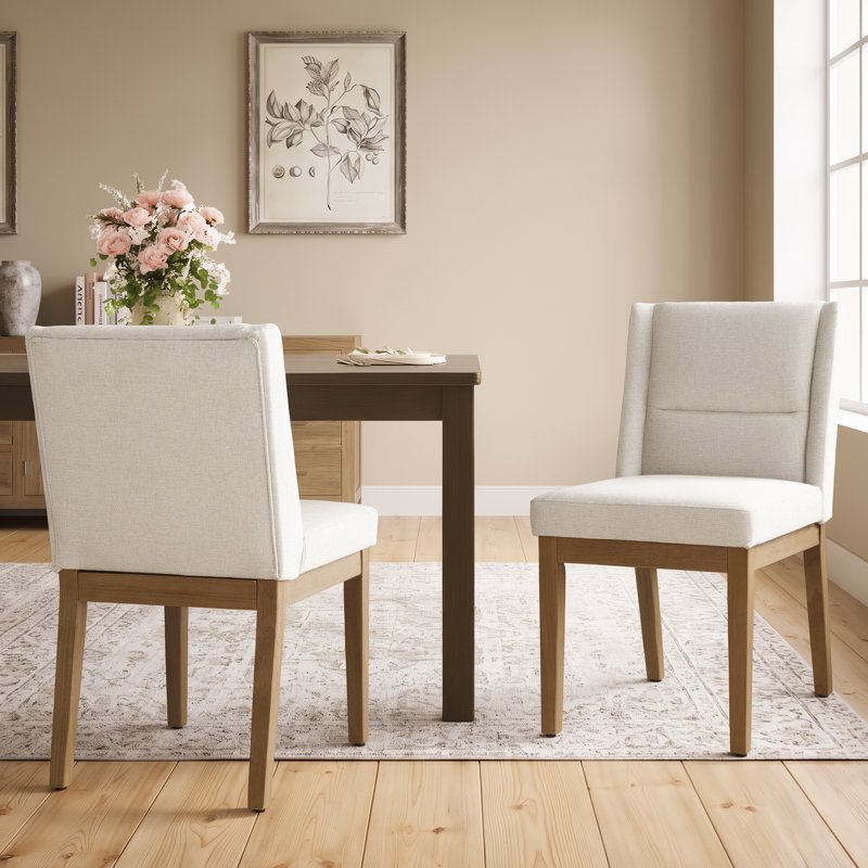 Chaise de salle à manger rembourrée en lin avec pieds en bois massif, Beige