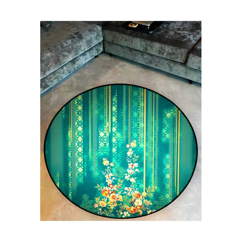 Green Ethnic Patterned Floral Detailed Woven Base Modern Decorative Carpet, Round 4'