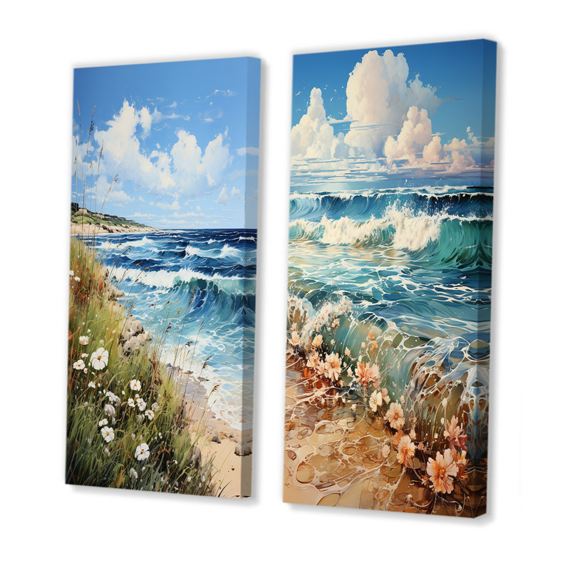 Flower Coastal Nostalgia - Ensemble de 2 décorations murales plage côtière, H 28 po x l 25 po, Toile tendue
