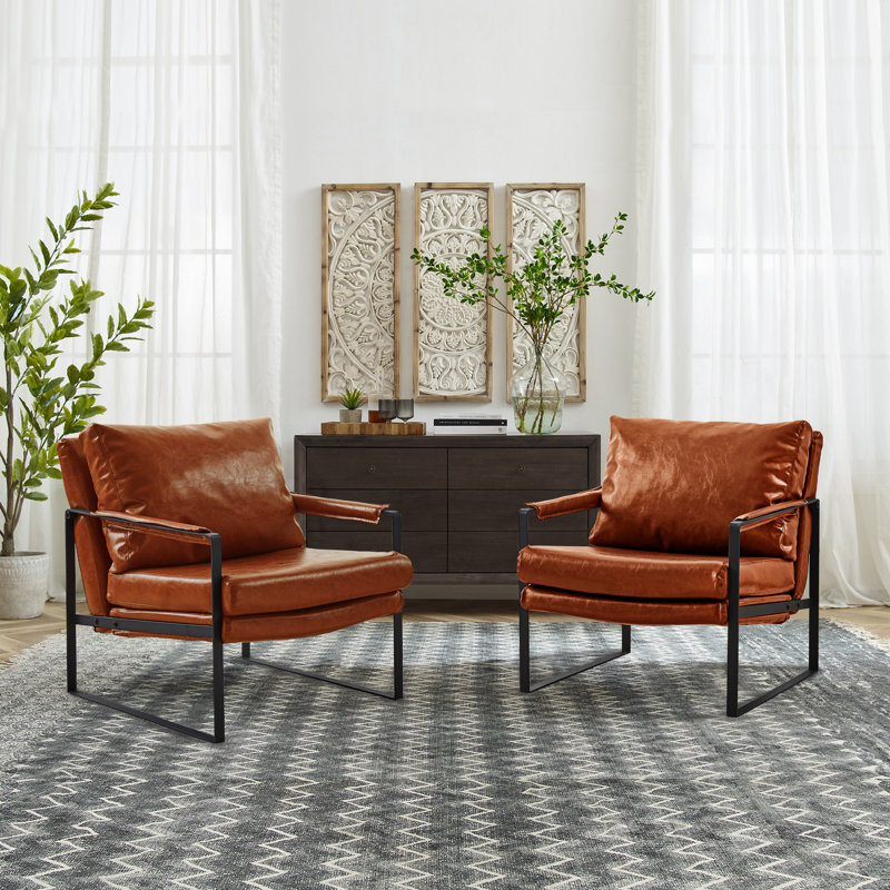 Eisenman 27.09'' W Leather Upholstered Accent Armchair, Orange Brown Faux leather